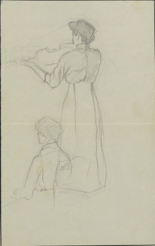 Crtež stojeće ženske figure s violinom i sjedeće za klavirom (vjerojatno studija D. Pejačević)