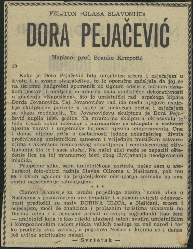 Feljton Branka Krmpotića "Dora Pejačević", Glas Slavonije