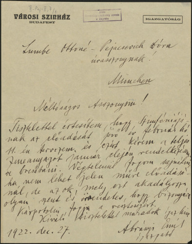 Pismo Emila Ábrányia Dori Pejačević