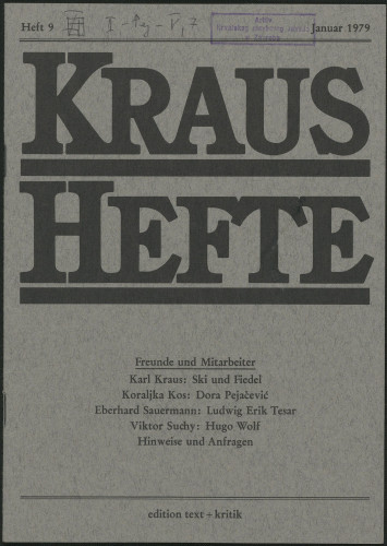 Kraus Hefte, Koraljka Kos:  Die kroatische Komponistin Dora Pejačević und ihre Beziehung zu Karl Kraus