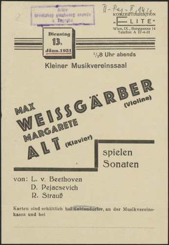 Max Weissgärber, Violine, Margarete Alt, Klavier