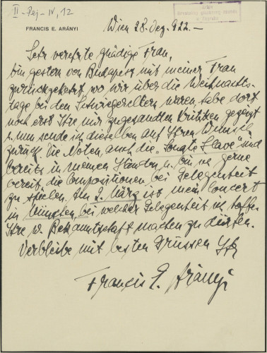 Pismo Francis E. Arànyi - D. pejačević