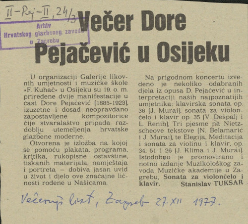 Večer Dore Pejačević u Osijeku